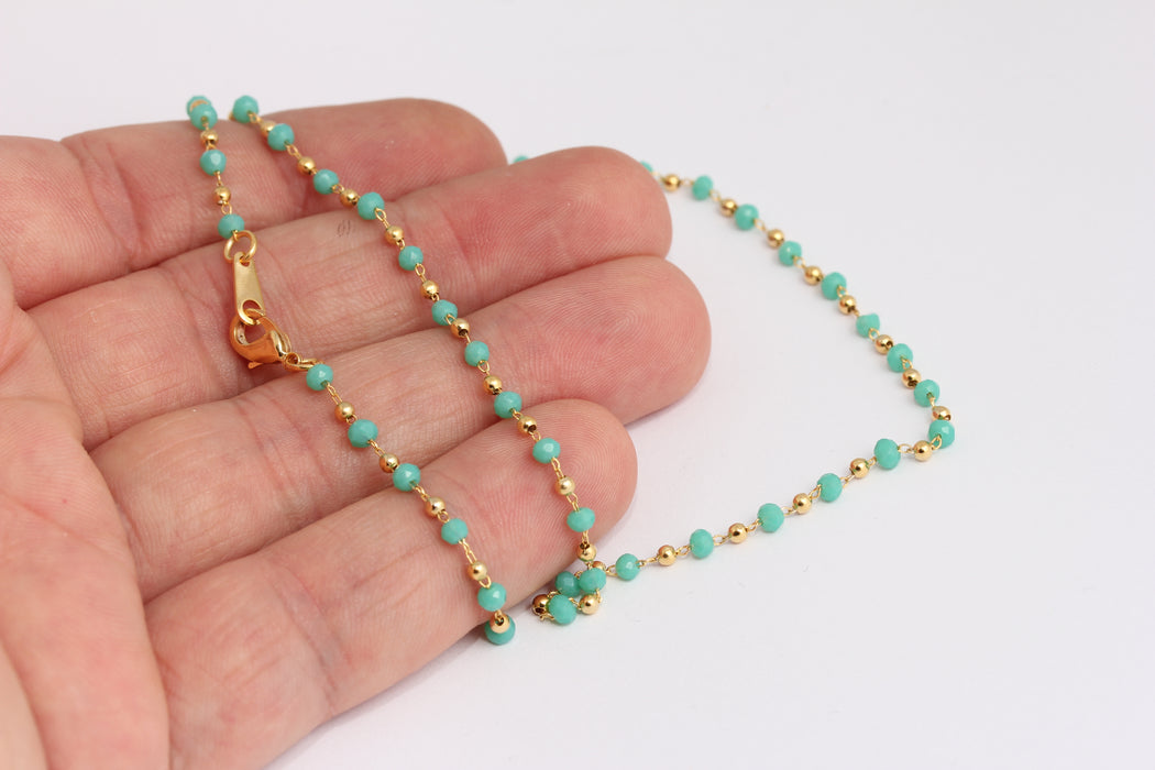 3mm 24k Shiny Gold Rosary Necklace, Turquoise Rosary,  BXB395-46