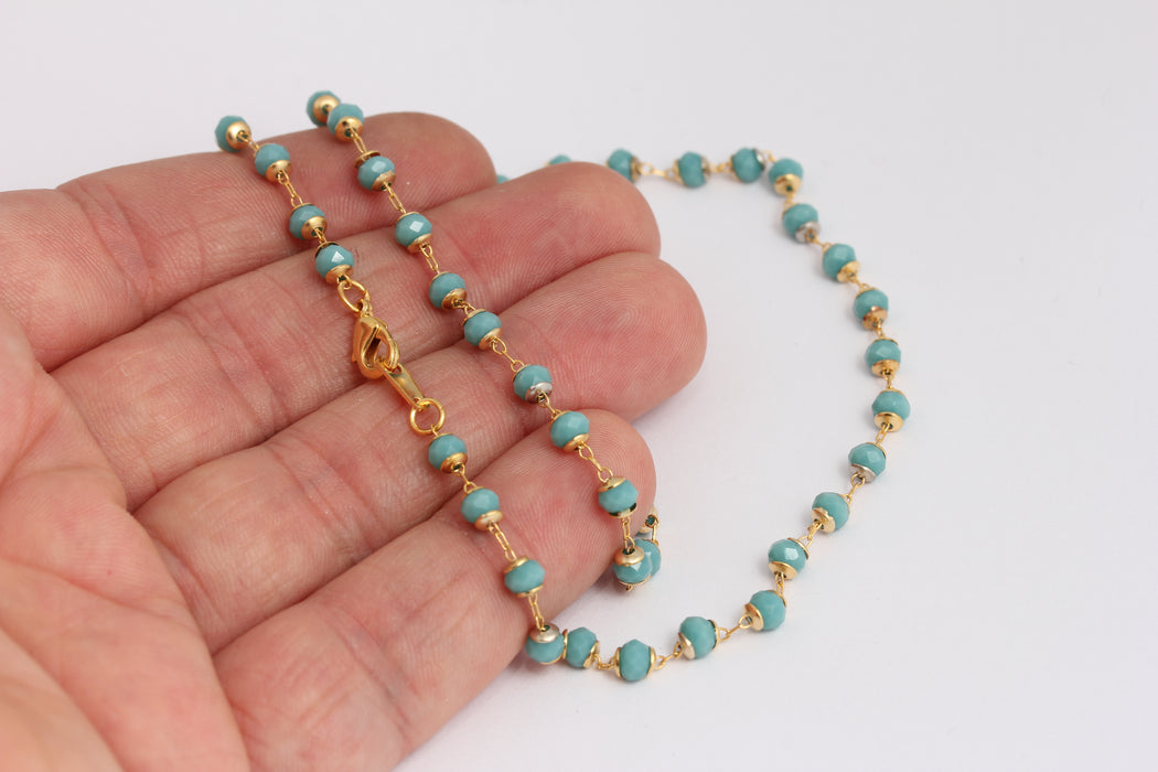 4mm 24k Shiny Gold Rosary Necklace, Turquoise Stone BXB395-56