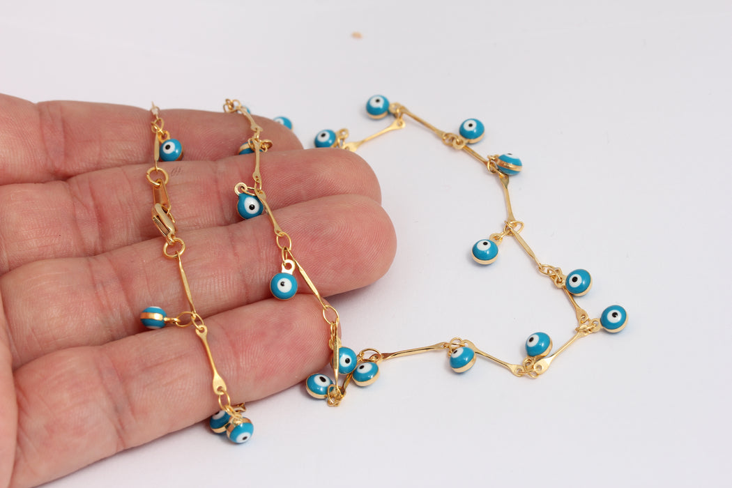 24k Shiny Gold Evil Eye Necklace, Blue Evil Eye Beaded , BXB395-57