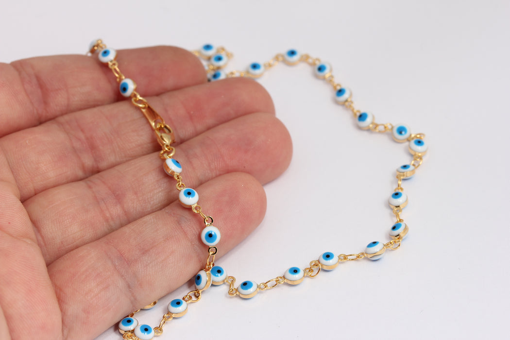 Collana con occhio maligno in oro lucido 24k, perline bianche con occhio maligno, BXB395-58