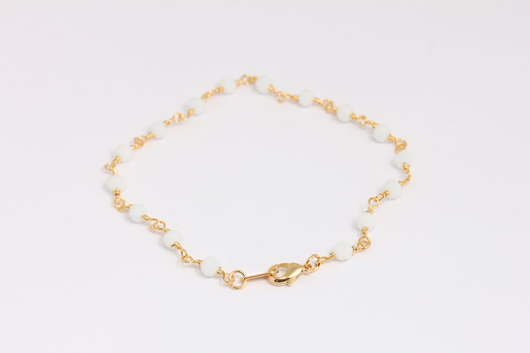 0,9mm 24k Shiny Gold Rosary Bracelet, Ready Bracelet With White Stone Beads, BXB395-60