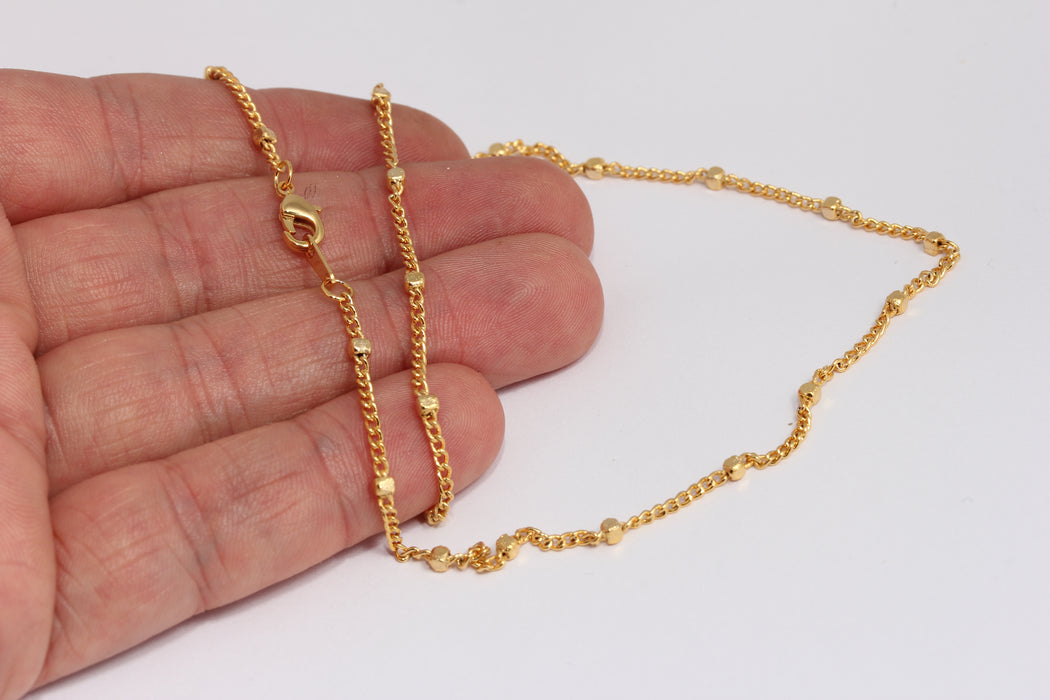 1,8mm 24k Shiny Gold Curb Necklace, Finished Cube Beaded Chains, BXB395-76