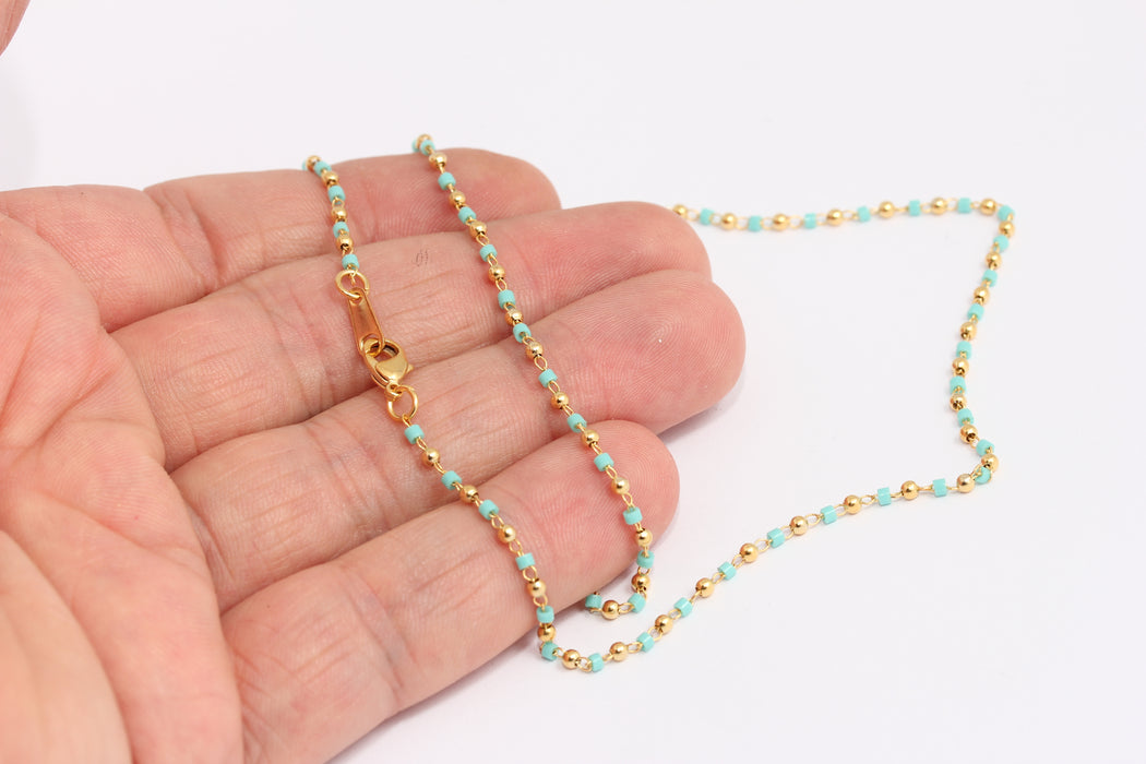 2mm 24k Shiny Gold Beaded Necklace, Ready Beaded Chain, BXB395-96
