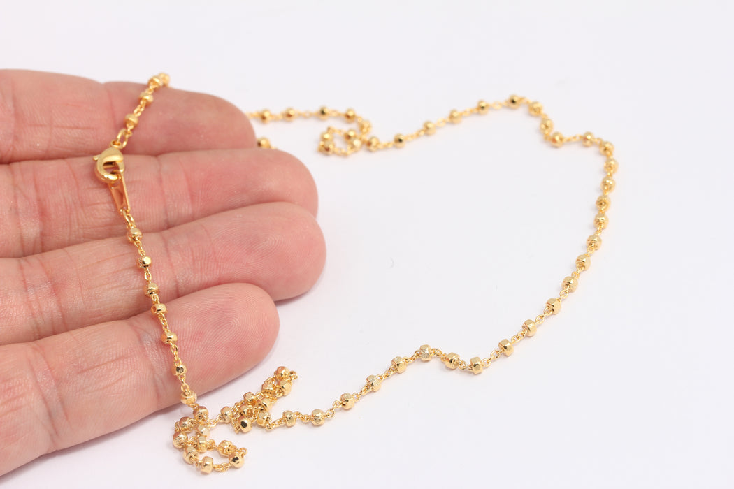 1,4mm 24k Shiny Gold Cable Necklace, Ready Cube Beaded Chain, BXB395-108