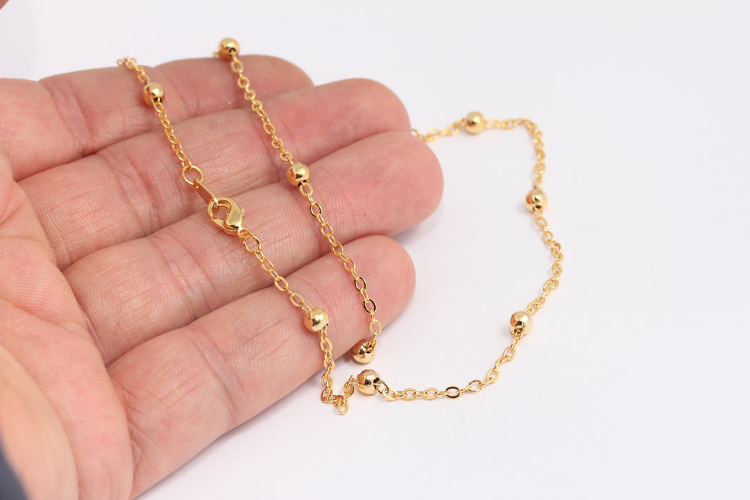 2x2,5mm 24k Shiny Gold Ball Necklace, Ball Beaded Chains, BXB395-159