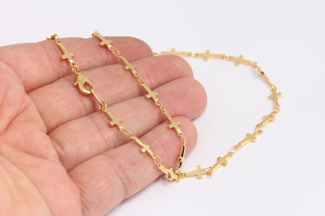 5x13mm 24k Shiny Gold Cross Necklace, Ready Cross Charm Chains, BXB395-165