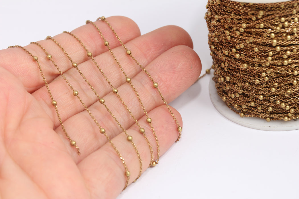 0,9mm Raw Brass Curb Chains, Brass Beaded Satellite Chain, KPT2-4