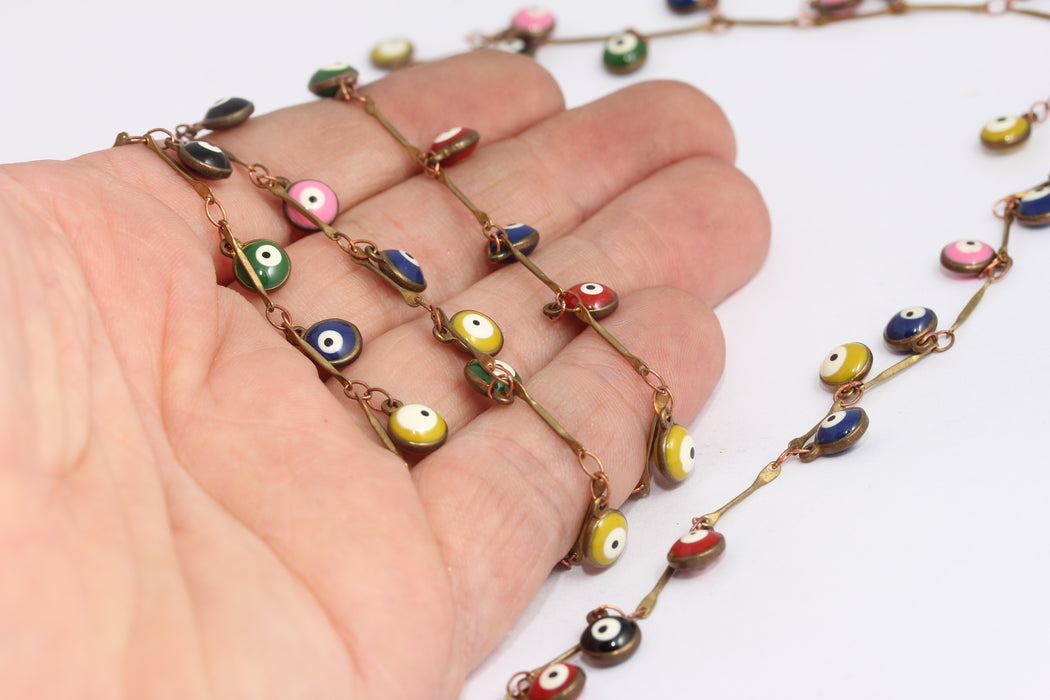 6,7mm Raw Brass Evil Eye Chains, Brass Beaded Evil Eye Chain, KPT24