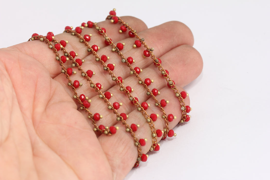 Catene di cristallo in ottone grezzo, catene del rosario con perline rosse, KPT25-1