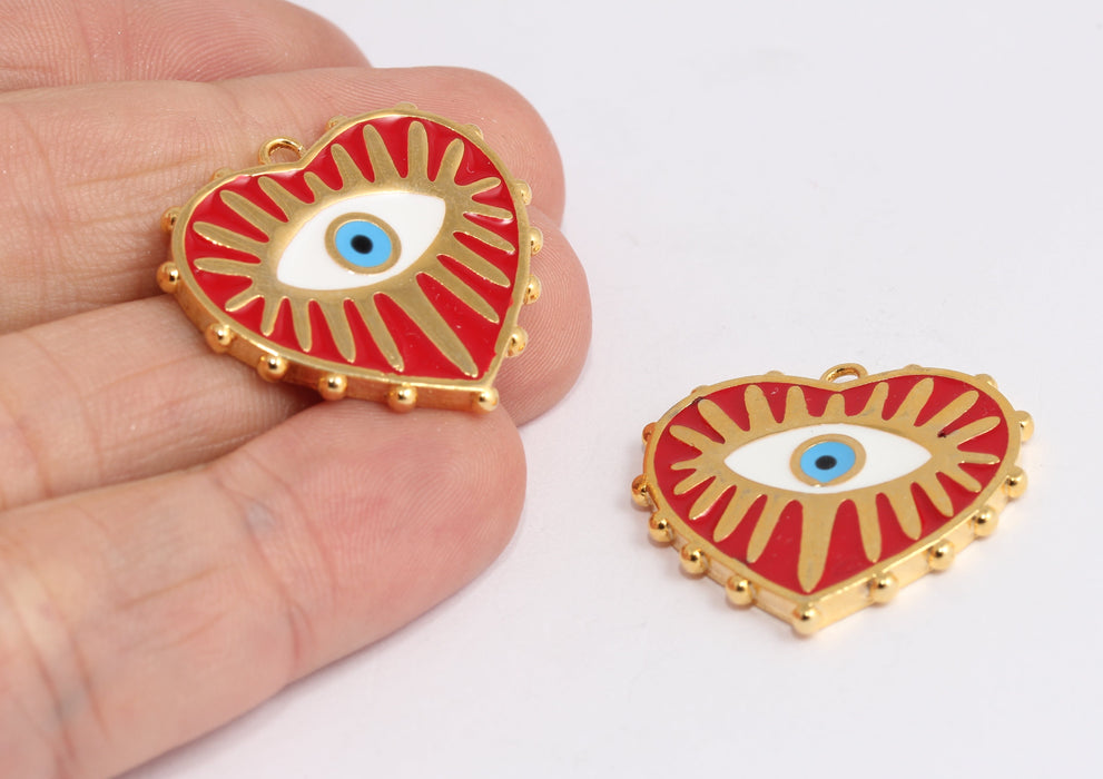 27x28mm 24k Shiny Gold Heart Medallion, Red Enamel Evil Eye , XP482