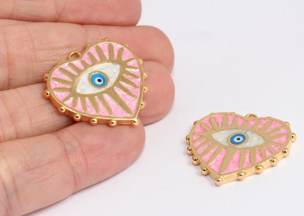27x28mm 24k Shiny Gold Heart Medallion, Pink Enamel Evil Eye , XP483