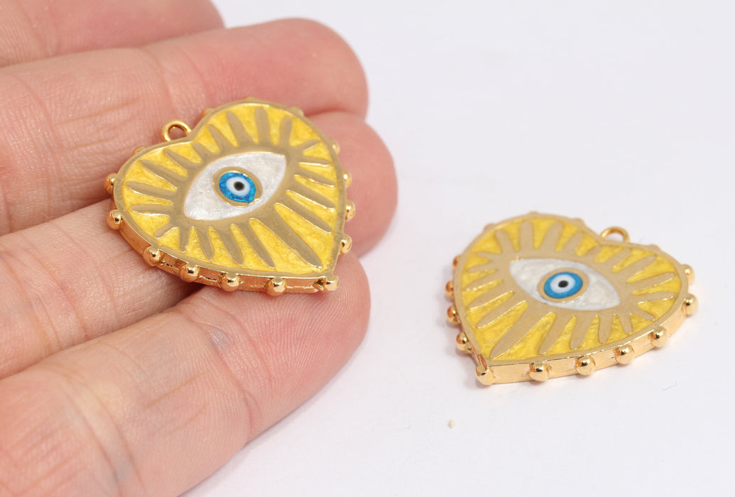 27x28mm 24 ayar Parlak Altın Kalp Madalyon, Sarı Emaye Şeytan XP486
