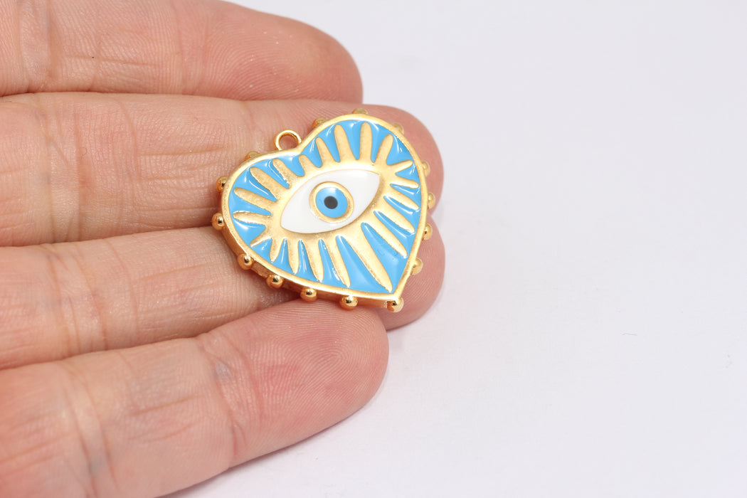 27x28mm 24k Shiny Gold Heart Medallion, Blue Enamel Evil Eye , XP488