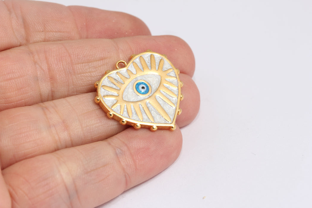 Medaglione a forma di cuore in oro lucido 24k, 27x28 mm, malocchio in smalto bianco, XP489