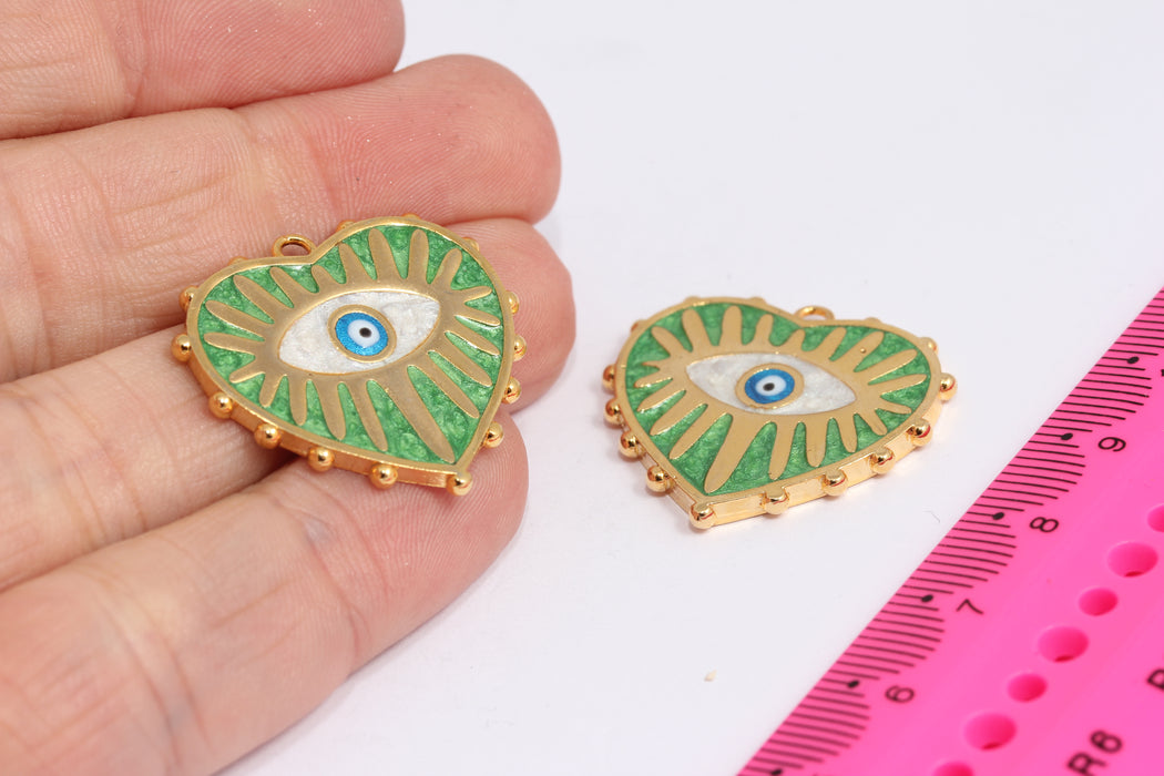 Medaglione a forma di cuore in oro lucido 24k, 27x28 mm, malocchio in smalto verde, XP484