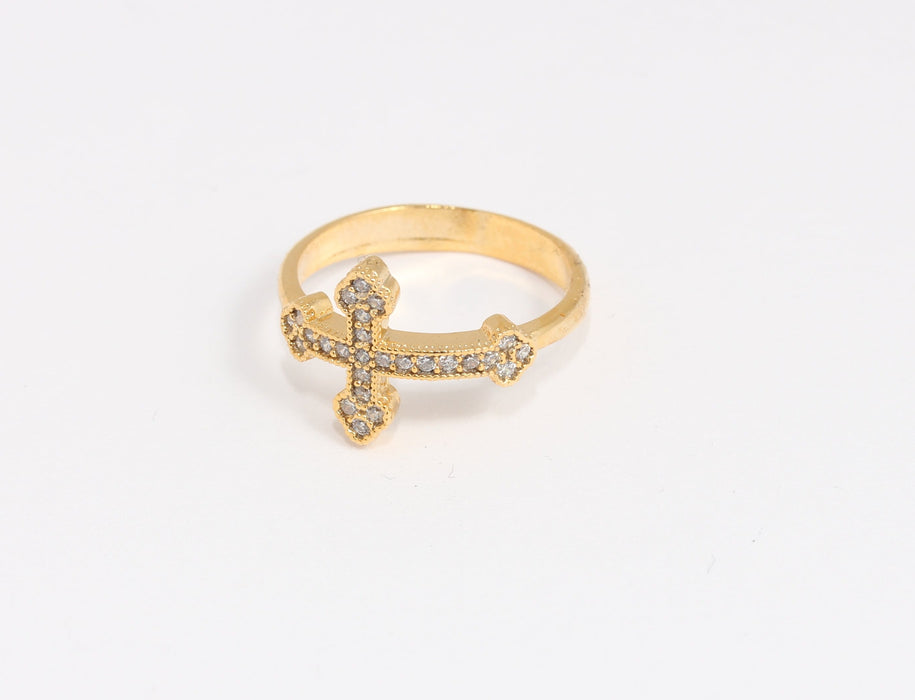 17mm 24k Shiny Gold Cross Ring, CZ Micro Pave Cross Ring, SLM966-5