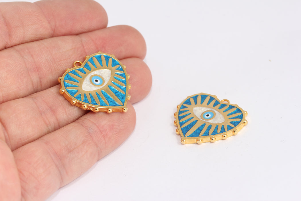 27x28mm 24 ayar Parlak Altın Kalp Madalyon, Mavi Mine Nazar Boncuğu, XP495