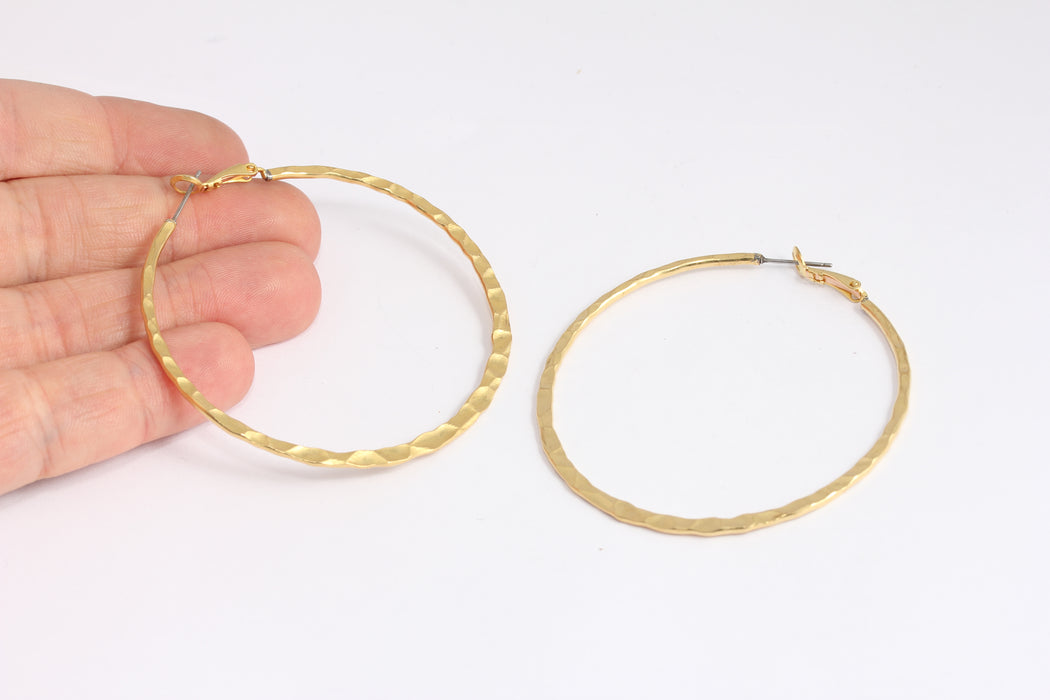 60mm Raw Brass Hoop Earrings, Large Hammered Hoops, BXB398-2