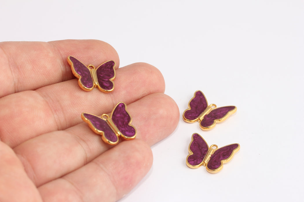 17x20mm 24k Shiny Gold Butterfly Charms, Purple Enamel Butterfly, SLM965