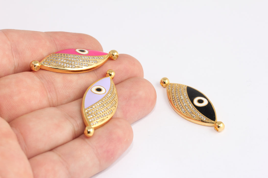 15x43mm 24 Ayar Parlak Altın Kübik Zirkonya Nazar Boncuğu, Bilezik Bağlantı Parçası, SLM46