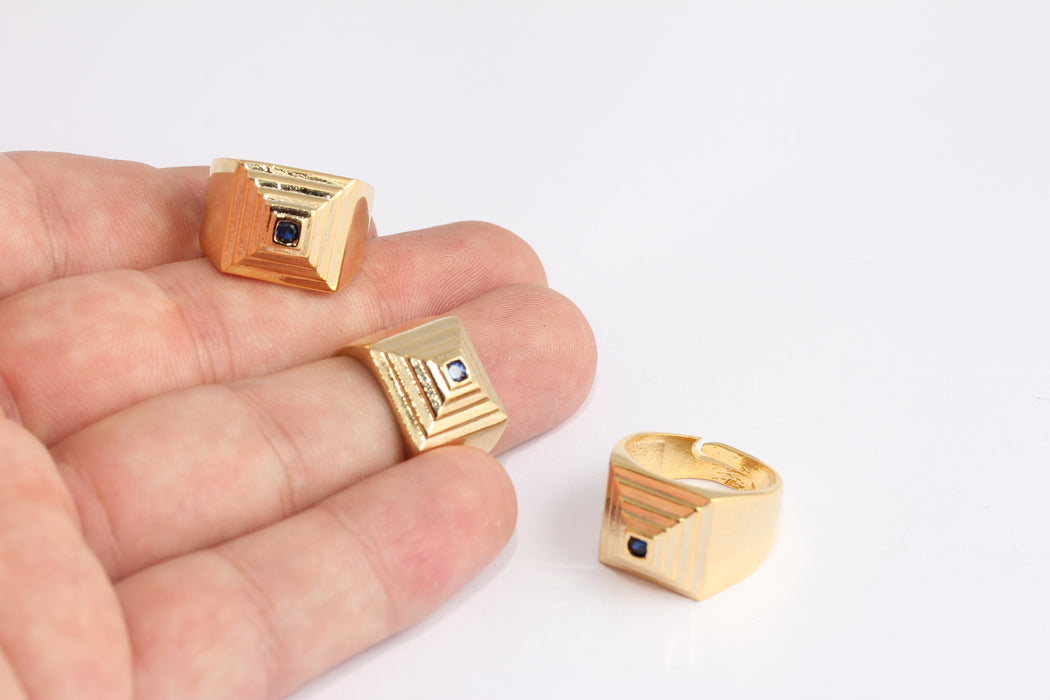 17-18mm 24k Shiny Gold Cube Rings, CZ Blue Stone Rings, SLM724