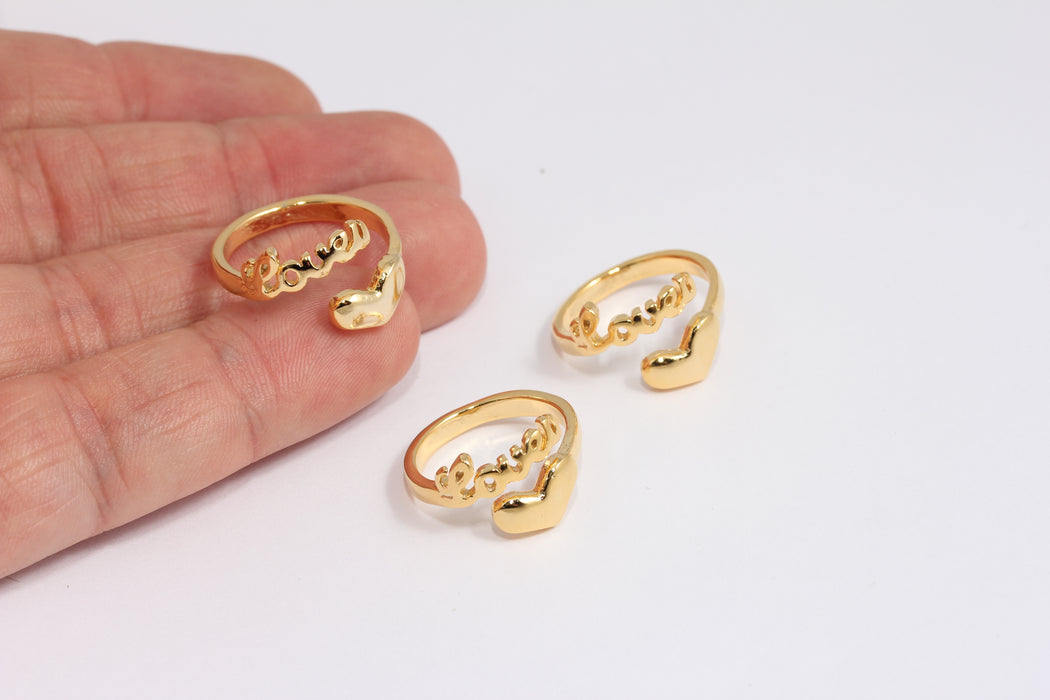 16-17mm 24k Shiny Gold Heart Rings, Adjustable Love Rings, SLM426