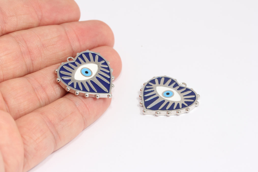 27x28mm Silver Evil Eye Heart, Navy Blue Enamel Evil Eye Charms, SLM49
