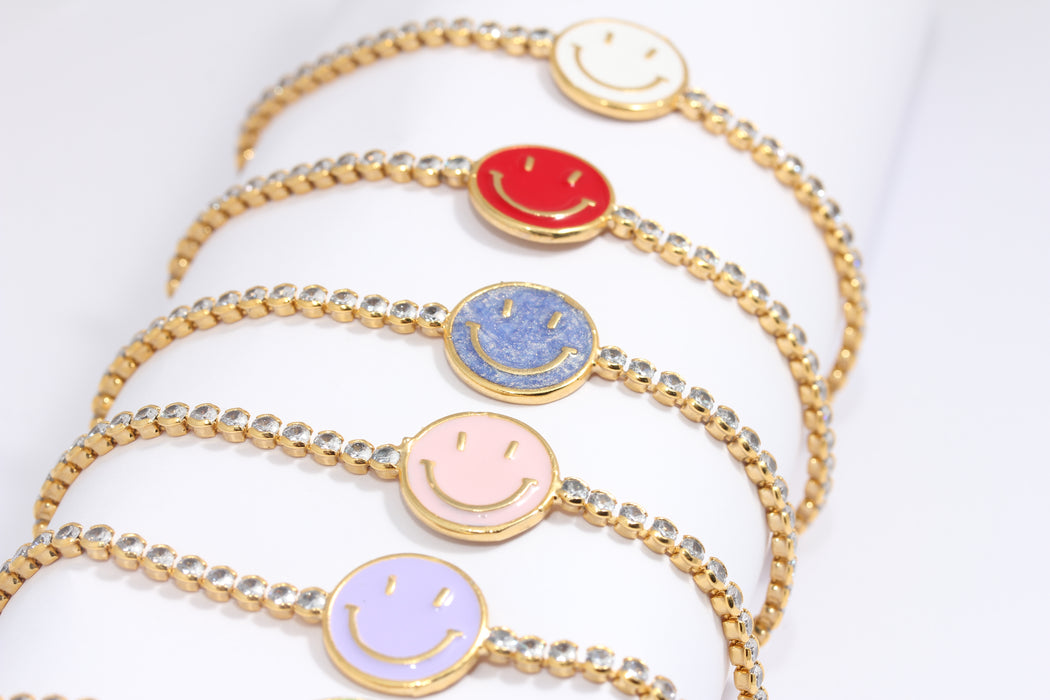 24k Shiny Gold CZ Beaded Bracelet, Enamel Smile Bracelets, BLK2-3