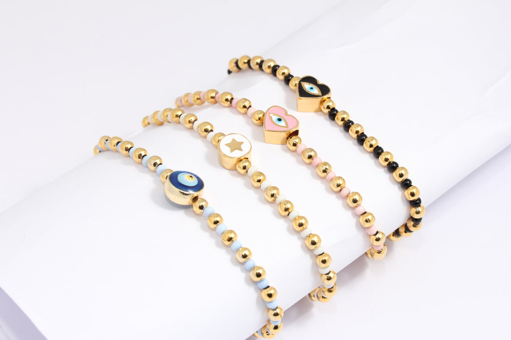 24k Shiny Gold Beaded Bracelet, Colorful Evil Eye Bracelet, BLK5-3