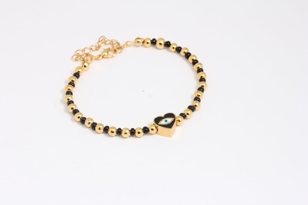 24k Shiny Gold Beaded Bracelet, Colorful Evil Eye Bracelet, BLK5-3