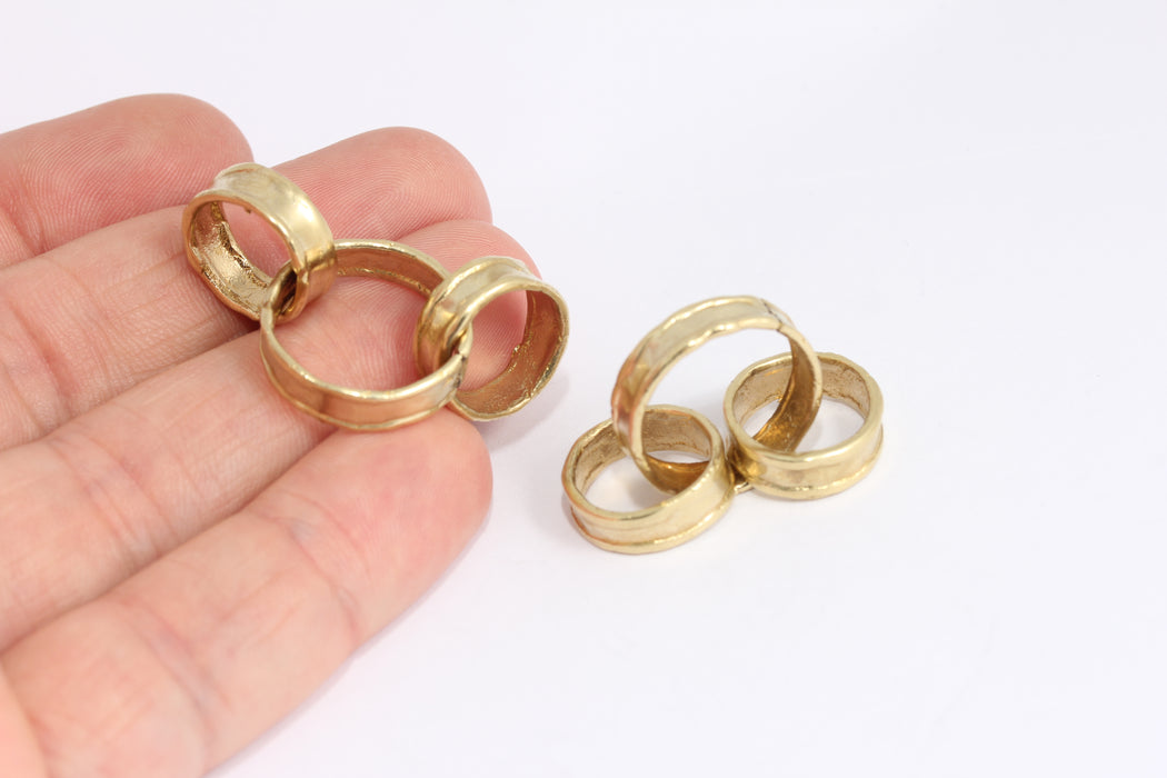 Raw Brass Triple Ring Charms, Round Connector Charms, KDR62