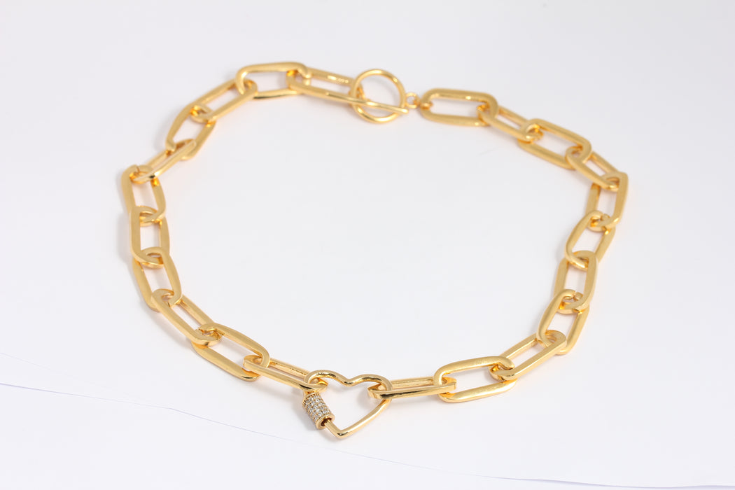 24k Shiny Gold CZ Heart Necklace, Ready Made Necklace, BXB184-3