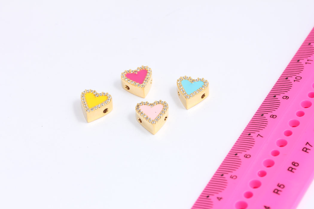 11mm 24k Shiny Gold CZ Heart, Micro Pave Enamelbrac Heart Beads, XP513