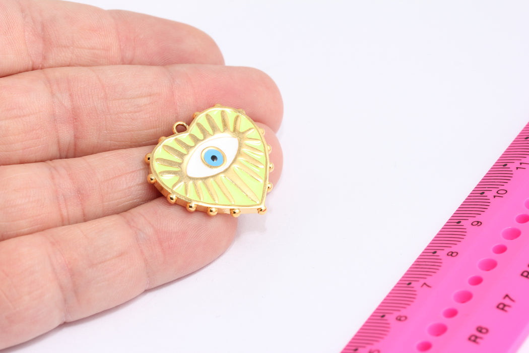 27x28mm 24k Shiny Gold Heart, Neon Green Enamel Evil Eye Charms, XP512