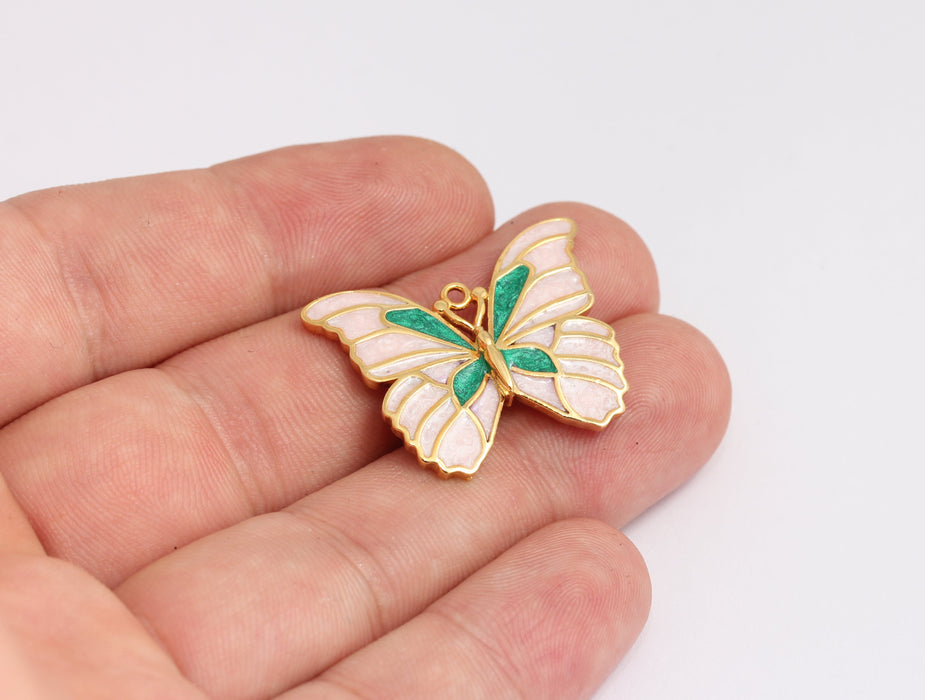 25x31mm 24k Shiny Gold Butterfly Charms, White Enamel Butterfly, KDR2-4
