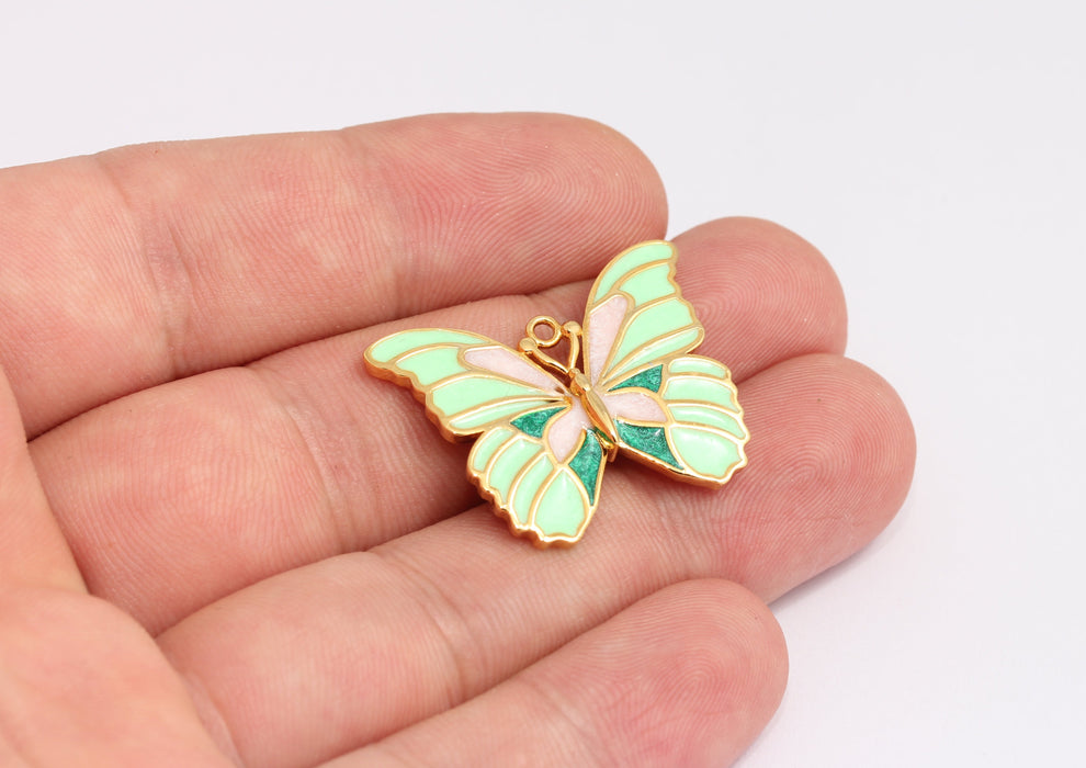 25x31mm 24k Shiny Gold Butterfly Charms, Mint Green Enamel Butterfly, KDR2-5