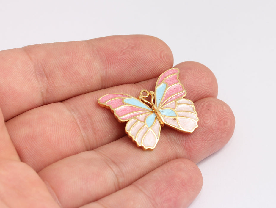 25x31mm 24k Shiny Gold Butterfly Charms, Pink Enamel Butterfly, KDR2-6