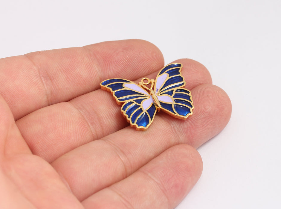 Ciondoli a forma di farfalla in oro lucido 24k, 25x31 mm, farfalla in smalto blu, KDR2-7