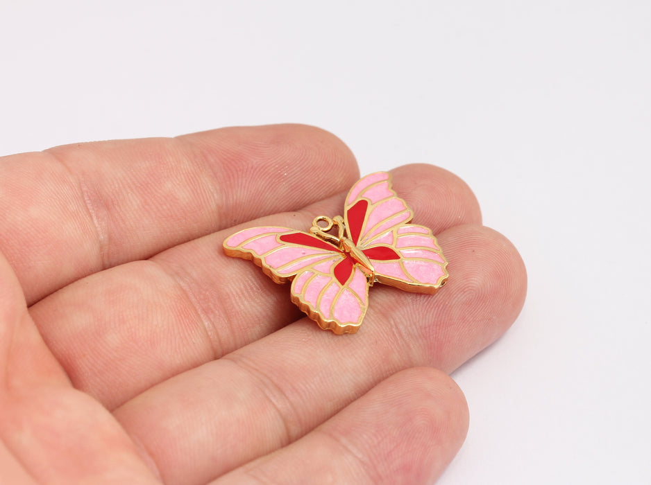 25x31mm 24k Shiny Gold Butterfly Charms, Pink Enamel Butterfly, KDR2-9