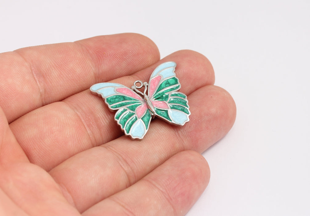 25x31mm Rhodium Plated Butterfly Charms, Green Enamel Butterfly, KDR2-10
