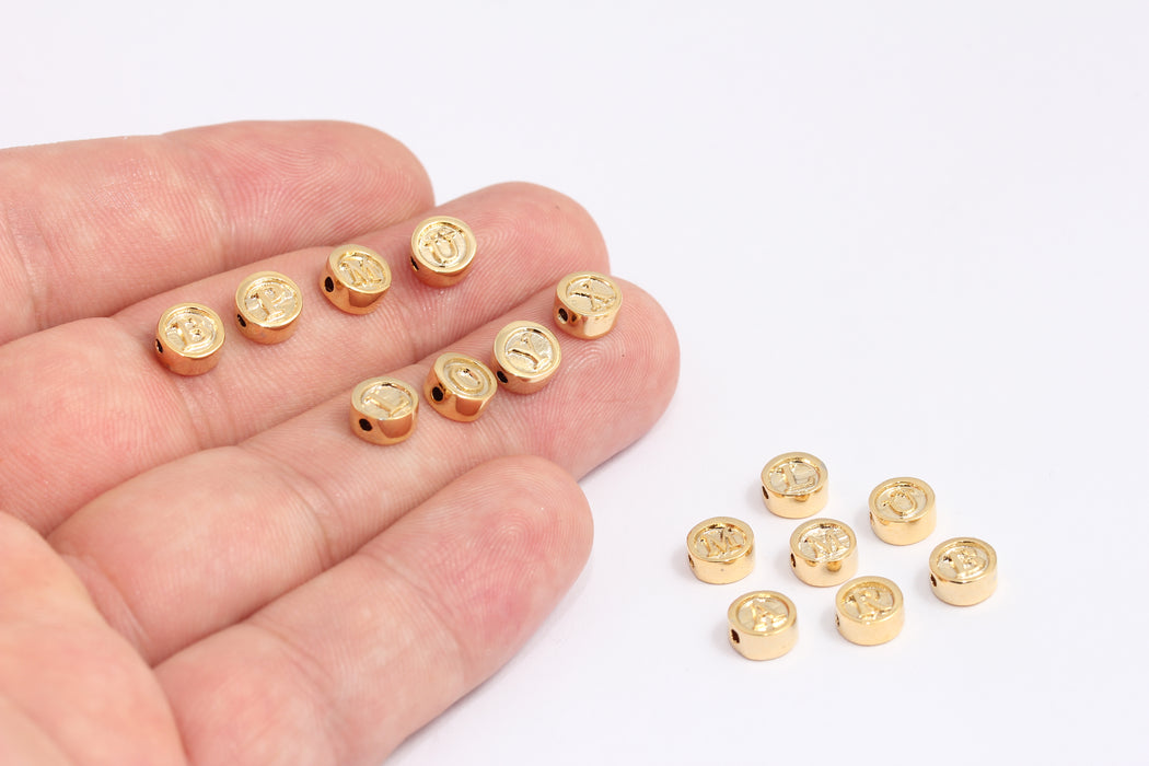6,5mm 24k Shiny Gold Letter Charms, Coin Letter Sliding Beads, KDR1