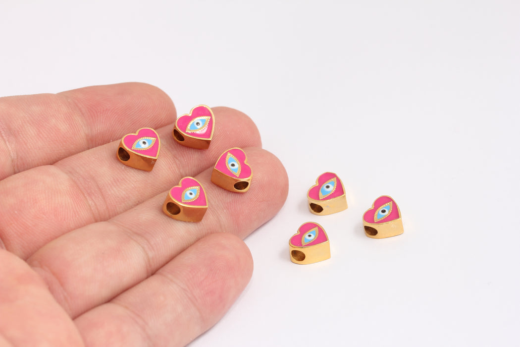 5x9mm 24k Shiny Gold Heart Charms, Pink Enamel Evil Eye Beads, KDR119