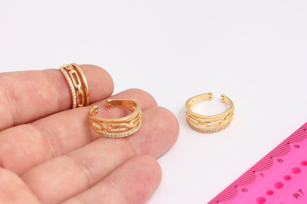 16-17mm 24k Shiny Gold CZ Triple Ring, Micro Pave Chain Rings, XP525