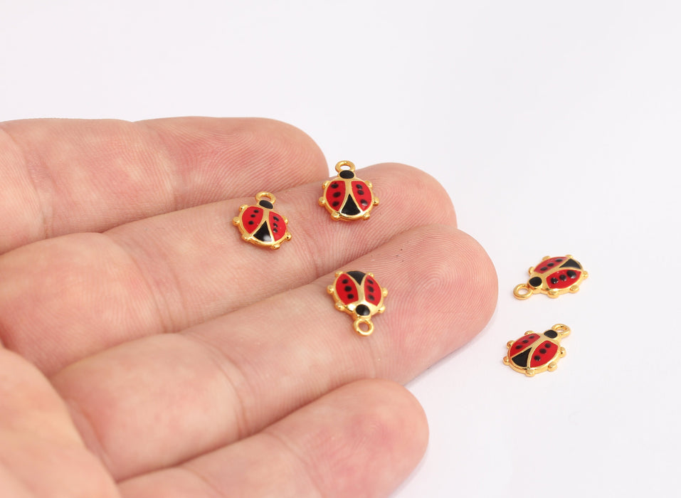 9x11mm 24k Shiny Gold Ladybug Charm, Red Enamel Ladybug, XP533