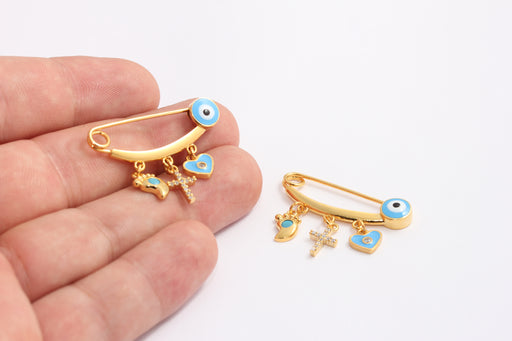 Shiny Gold Evil Eye Safety Pin With Charms