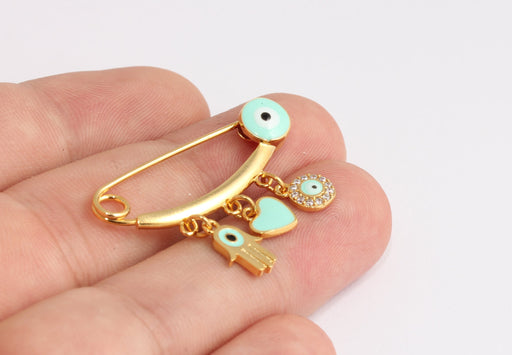 Shiny Gold Evil Eye Safety Pin With Charms