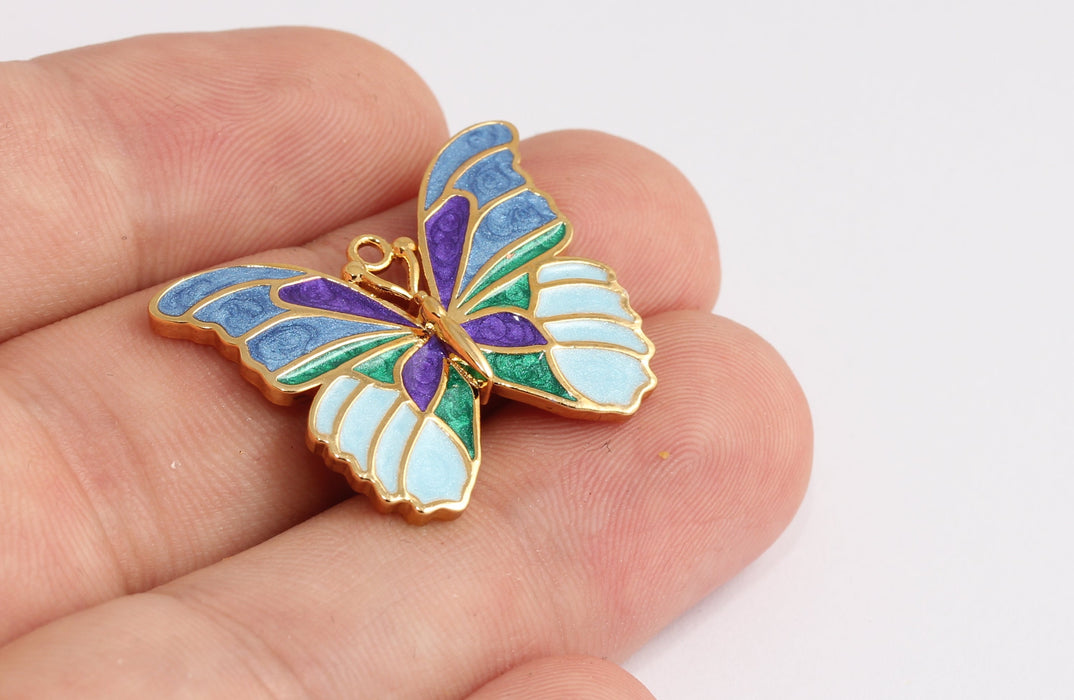 Ciondoli a forma di farfalla in oro lucido 24k, 25x31 mm, farfalla in smalto blu, KDR29-3
