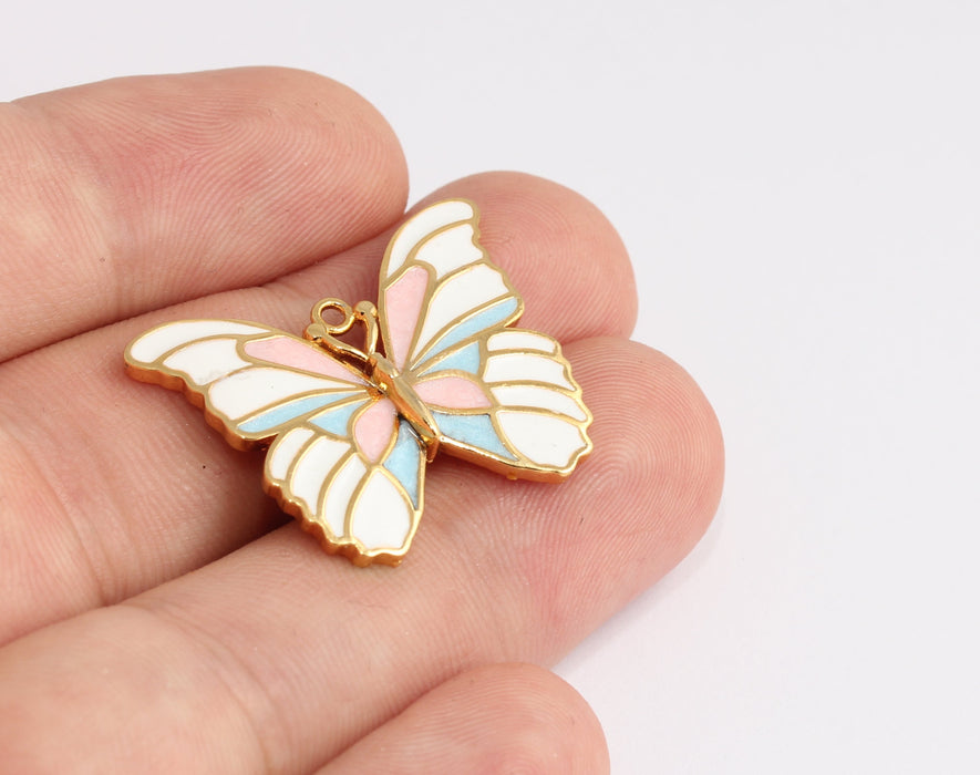 Ciondoli a forma di farfalla in oro lucido 24k, 25x31 mm, farfalla in smalto bianco, KDR29-6