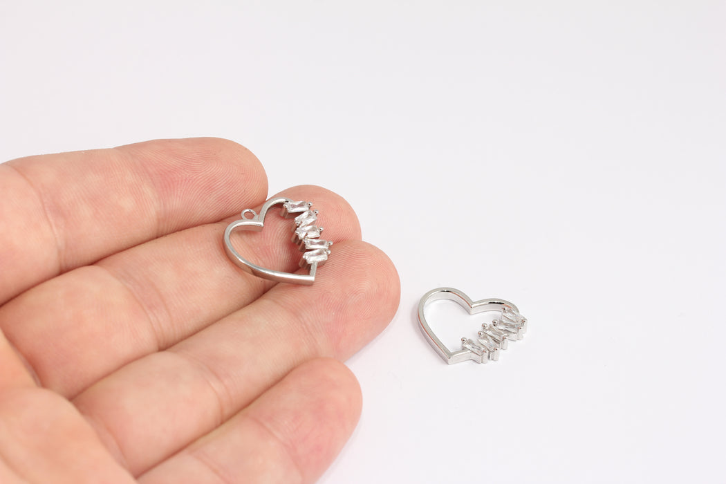 18x20mm Rhodium Plated CZ Heart, White Baguette Stone Heart, KDR42-3