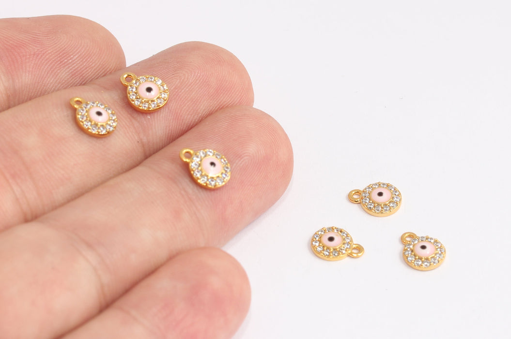 7x9mm 24k Shiny Gold CZ Evil Eye Drop, Pink Micro Pave Evil Eye, KDR107-1